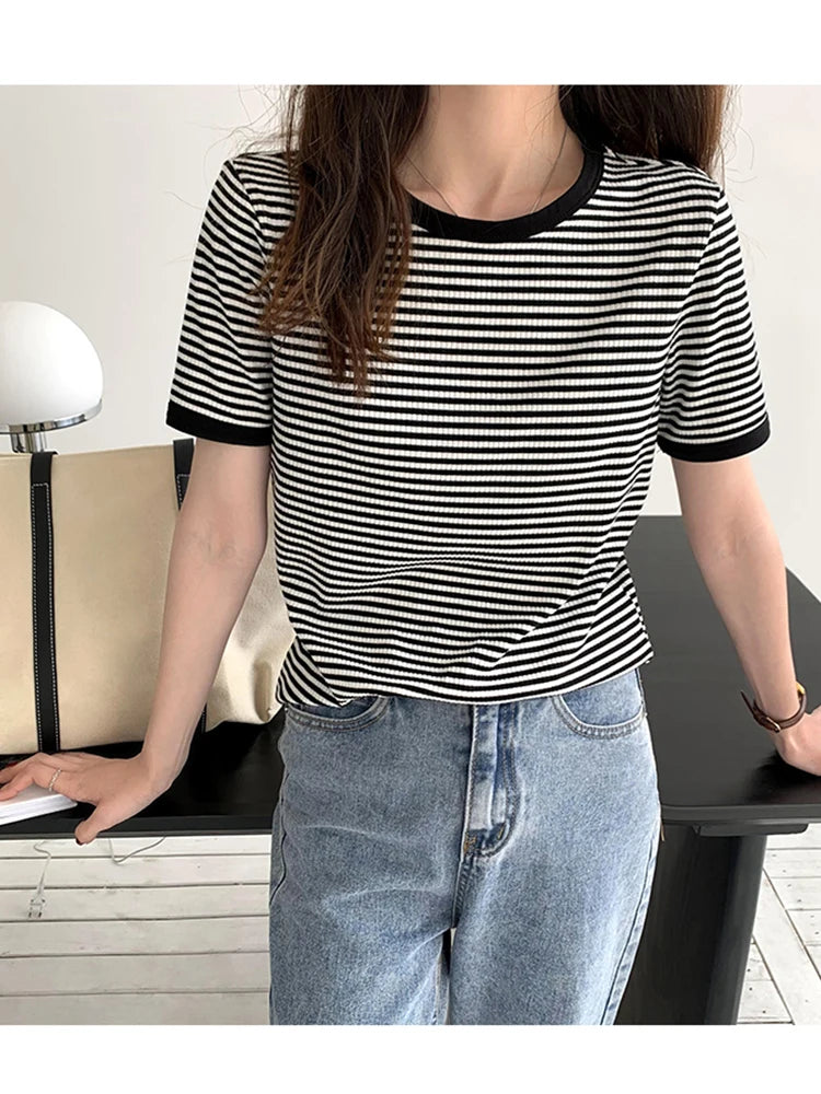 T Shirt For Women 2023 Tops Mujer Striped Short Sleeve Summer Korean Fashion T-shirts Casual O Neck Tshirts Tee Shirt Femme Top