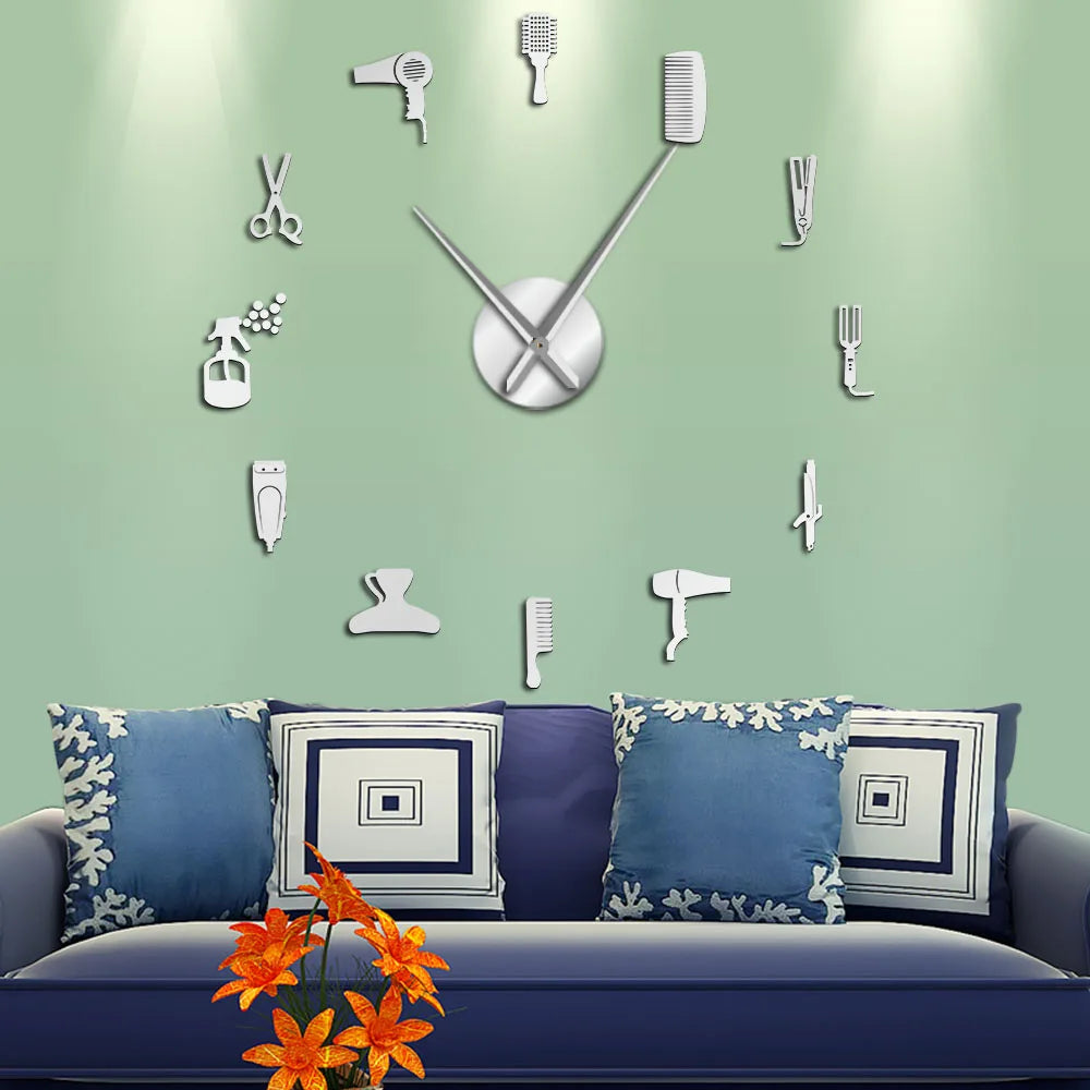 DIY Barber Shop Giant Wall Clock With Mirror Effect Barber Toolkits Decorative Frameless Watch Hairdresser Barber Wall Art Decor