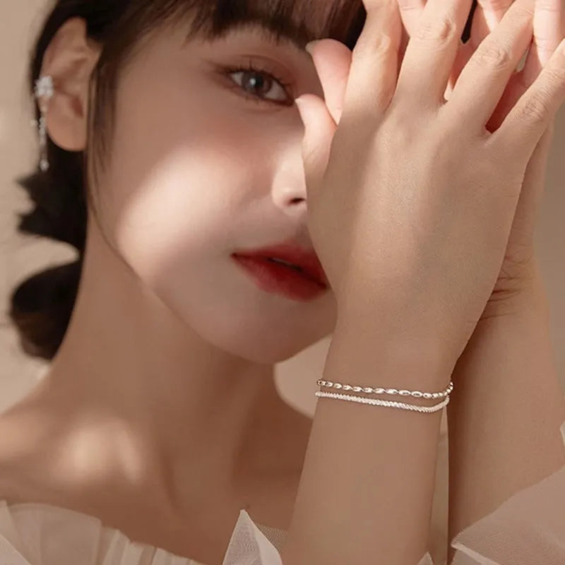 New Fashion 925 Sterling Silver Double Layer Bracelet Beads Exquisite Simple Women Bracelet Fine Jewelry Accessories