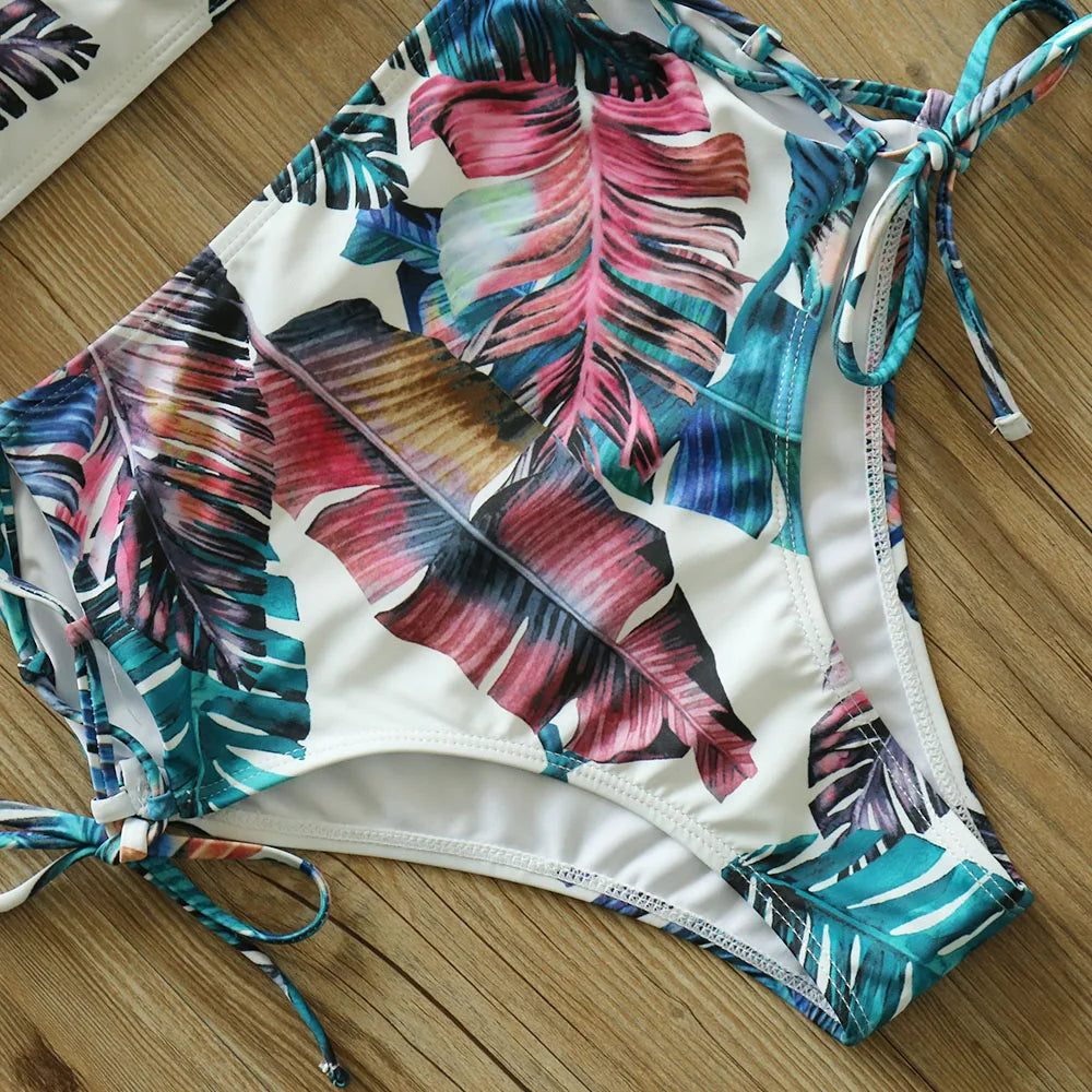 High Waist Schwimmbekleidung 2025: Underwire-Support Mori Girl Style sporlike - Neuer Blatt Druck Vintage Retro Badeanzug Halter Polsterung
