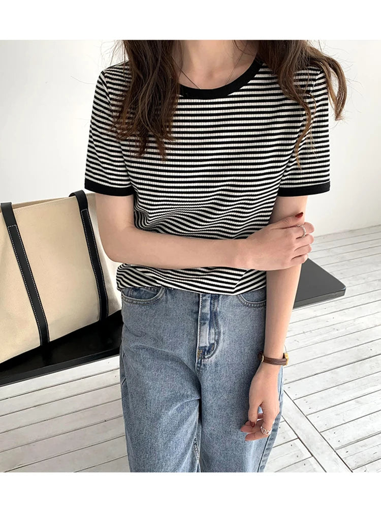 T Shirt For Women 2023 Tops Mujer Striped Short Sleeve Summer Korean Fashion T-shirts Casual O Neck Tshirts Tee Shirt Femme Top
