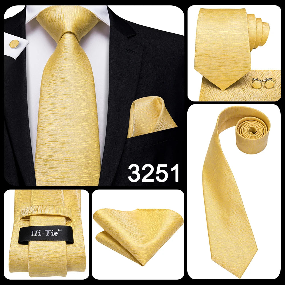 Hi-Tie Seiden-Herren-Krawatten-Set Blumenmuster Gelb Gold Krawatten und Taschentücher Manschettenknöpfe-Set Herren-Hochzeits-Party-Anzug-Mode-Halskrawatte C-3053