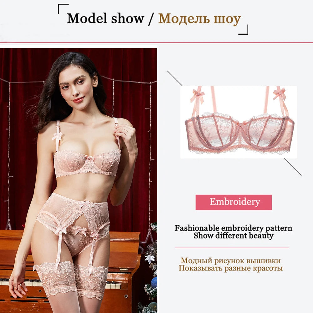 CYHWR Luxury Half Cup Lace Transparent Sexy Lingerie Ultra-thin Solid Shell Style 4 Pieces/Lots Bra Set and Garter and Stocking