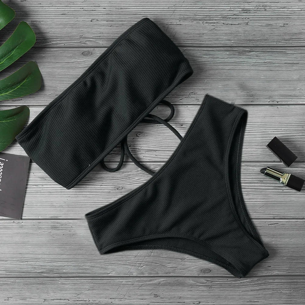 2025 Neuer Bikini Frauen Schwimmbekleidung - Hoher Bund Strapless Elegant Bikini - Reiner Farbton Polsterung Badeanzug Monokini