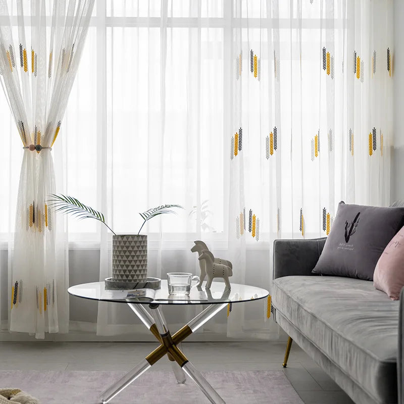 Embroidered Sheer Curtains Modern Gauze Curtain Yellow Living Room Blue Bedroom White Yarn Window Tulle Curtains