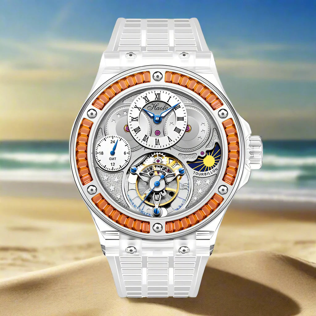 GMT Haofa tourbillon timepiece k9 crystal body sapphire lens day night feature watch