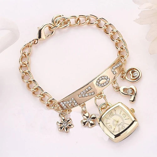 Uhr Frauen Frauen Love Letters Strass Eingelegte Kette Armband Blume Anhänger Handgelenk Uhr Reloj Mujer Damen Kleid Uhren Geschenk