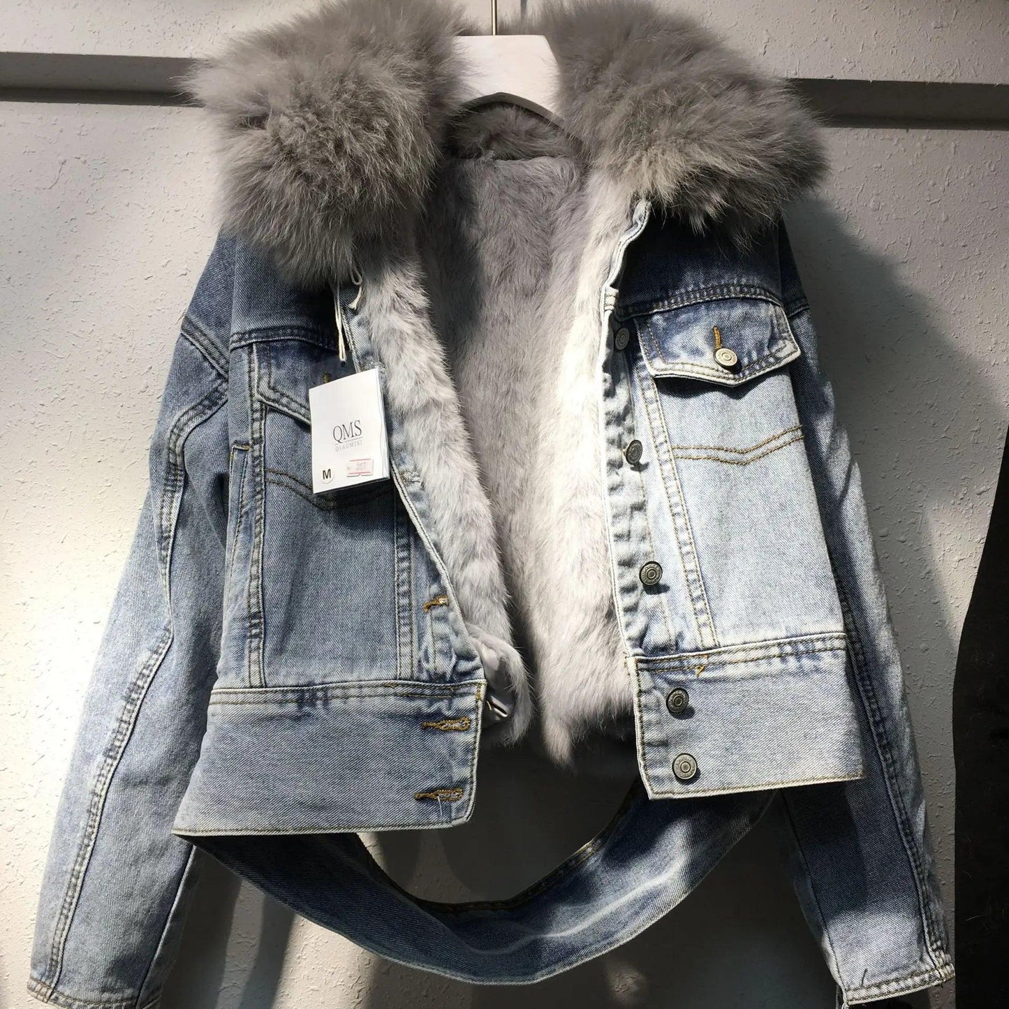 Real Fox fur thick warm denim parkas female winter coat