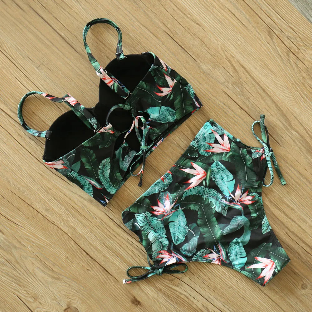 High Waist Schwimmbekleidung 2025: Underwire-Support Mori Girl Style sporlike - Neuer Blatt Druck Vintage Retro Badeanzug Halter Polsterung