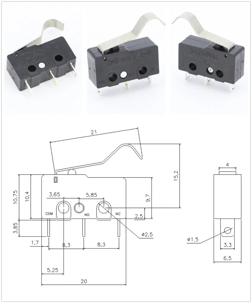 10x Mikroschalter KW11-3Z 5A 250V - Mini Endschalter NO/NC mit Rollenhebel