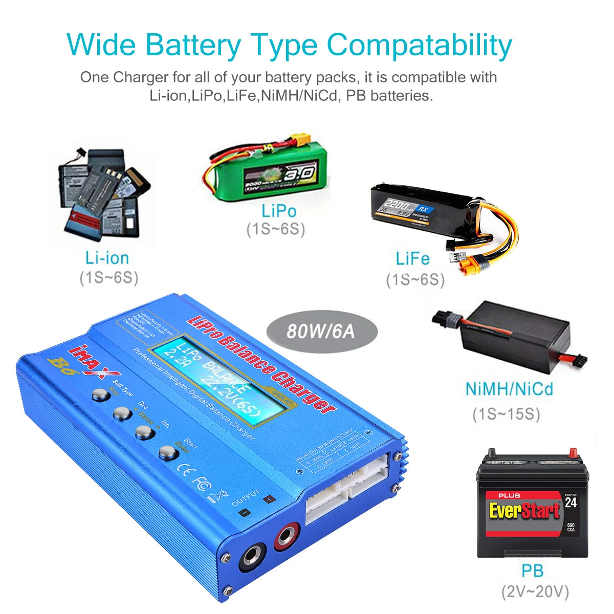 IMAX B6 80W Multi-function Charger For Lipo Li-ion LiFe NiMh Ni-Cd PB Battery RC Balance Discharger+15V 6A Adapter Optional