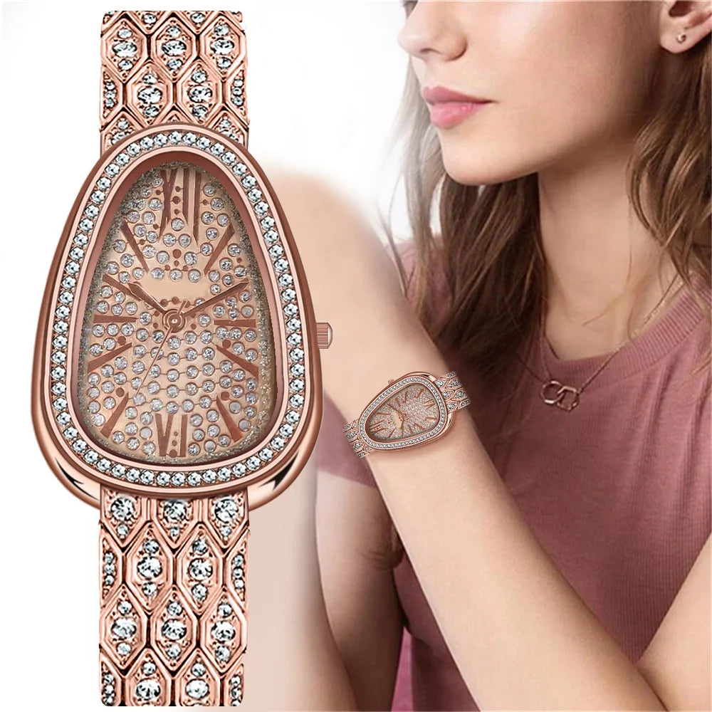 Schlangen Armband Uhr 2025 - Frauen Roségold Stahl Strass Damen - Luxus Armbanduhren Fashion Geschenk Uhr Female Relogio Feminino