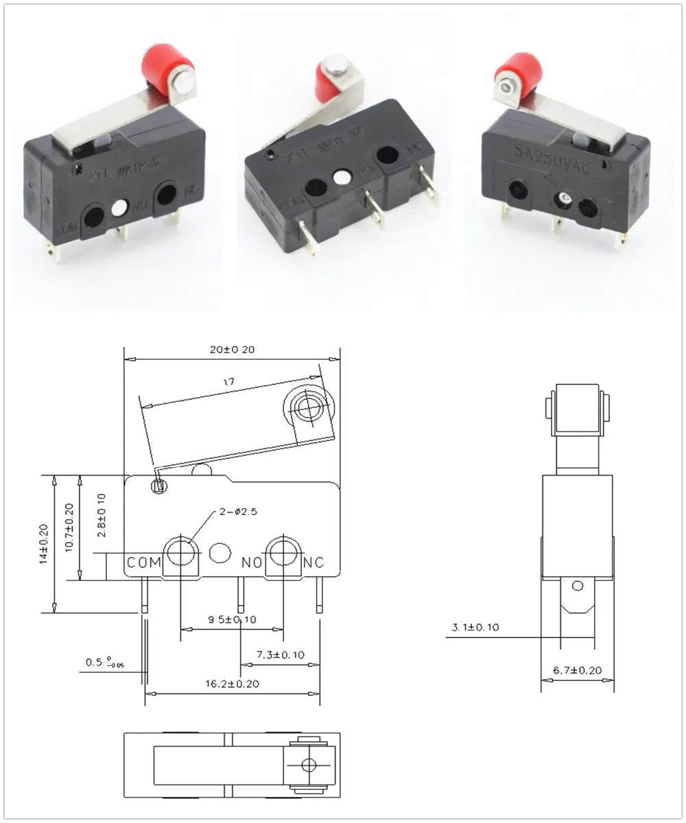 10x Mikroschalter KW11-3Z 5A 250V - Mini Endschalter NO/NC mit Rollenhebel