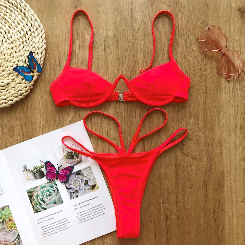 Ausgehöhlter Roter Sexy Bikini Set 2025: String Push Up Gebunden Thong - Frauen Schwimmbekleidung Brasilianischer Bikini Badeanzug Schwimm Wear Atemberaubend