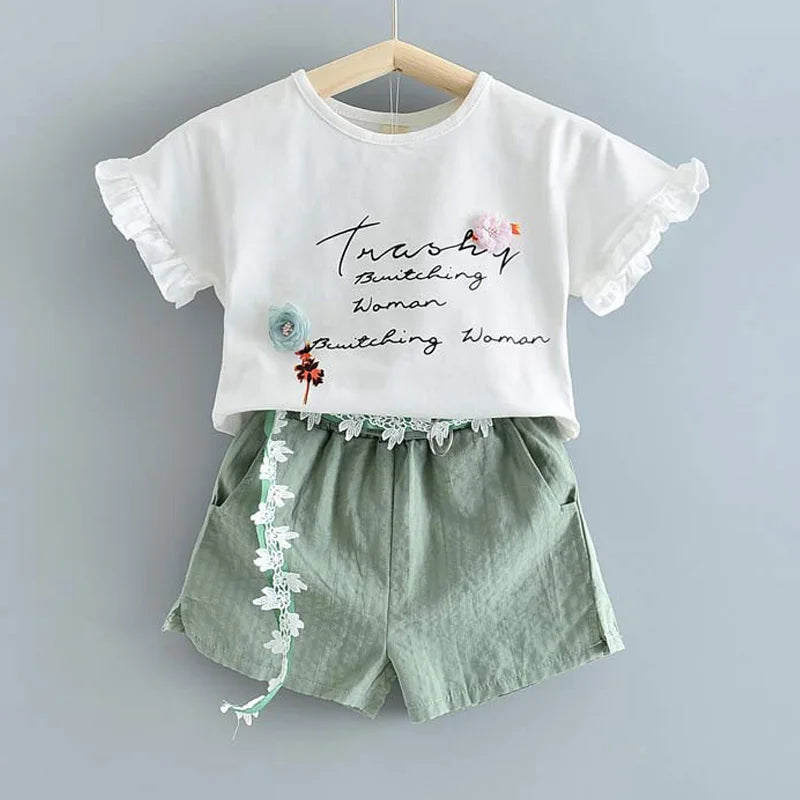 Bear Leader Neuer Sommer Casual Kinder Sets Chiffon Blumen Blau T-Shirt Hosen Mädchen Kleidung Sets Kinder Sommer Set für 3-7 Jahre