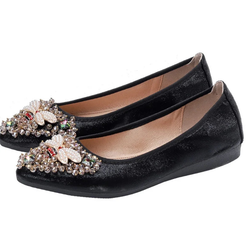 Elegant Women Shoes 2023 Spring Flats Shoes Woman Soft Comfortable Silk Rhinestone Summer Ladies Single Shoes zapatos de mujer
