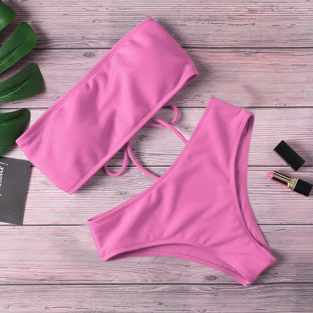 2025 Neuer Bikini Frauen Schwimmbekleidung - Hoher Bund Strapless Elegant Bikini - Reiner Farbton Polsterung Badeanzug Monokini