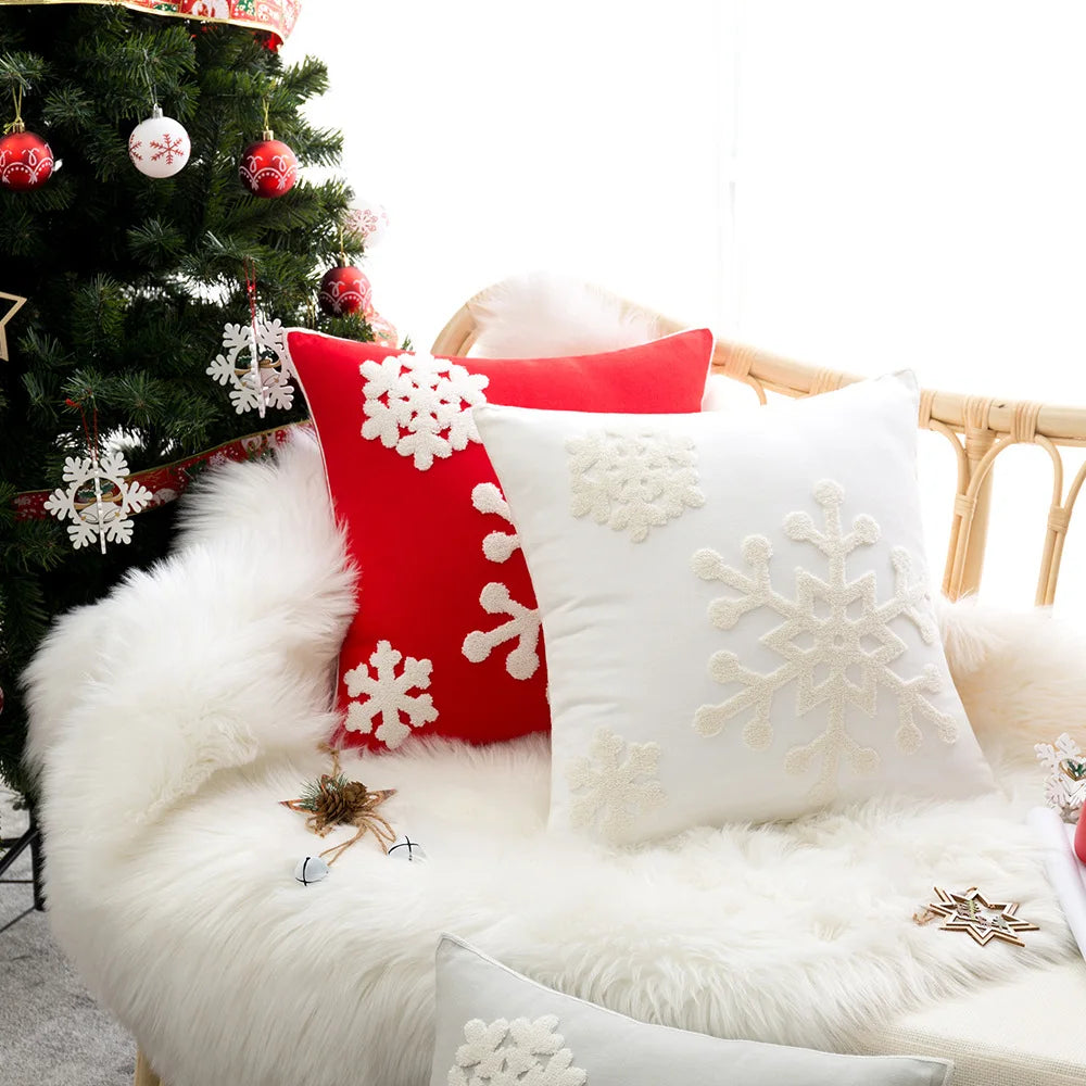 Christmas Style Big Snowflake Throw Pillow Case 45x45cm Canves Wool Embroidery Cushion Cover For Noel Party Home Decoration