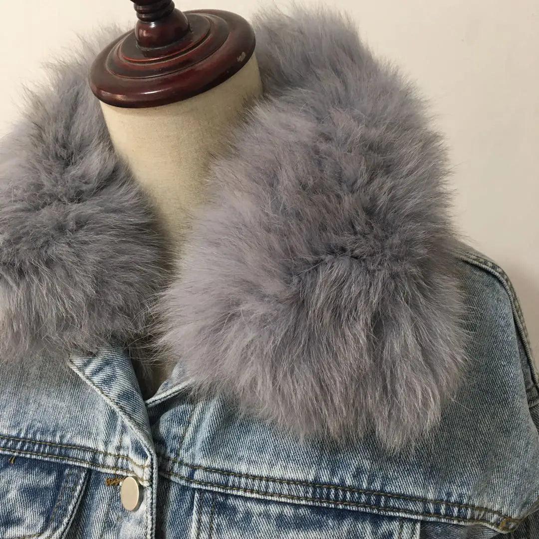 Real Fox fur thick warm denim parkas female winter coat
