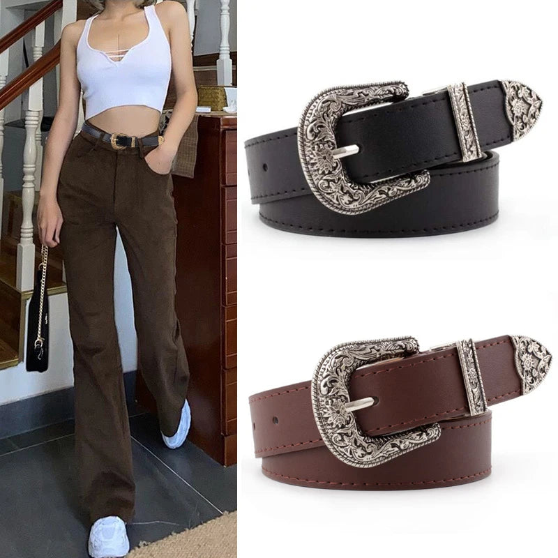 Schwarzer Leder Gürtel Frauen Metall Herz Schnalle Taille Gürtel Vintage Western Geschnitzt Jeans Damen Gürtel Hemden Taillenbund Cinturon Mujer
