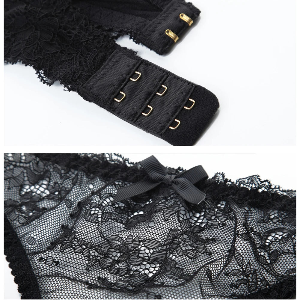 CYHWR Luxury Half Cup Lace Transparent Sexy Lingerie Ultra-thin Solid Shell Style 4 Pieces/Lots Bra Set and Garter and Stocking