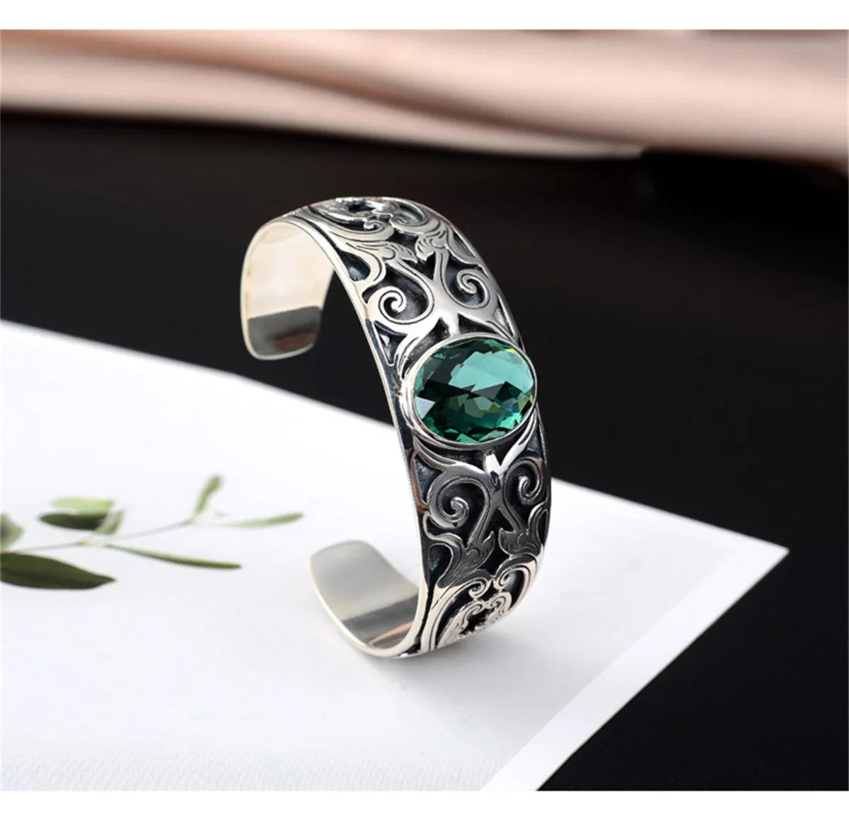 925 sterling silver vine totem charm with green crystal  handcrafted bangle gift