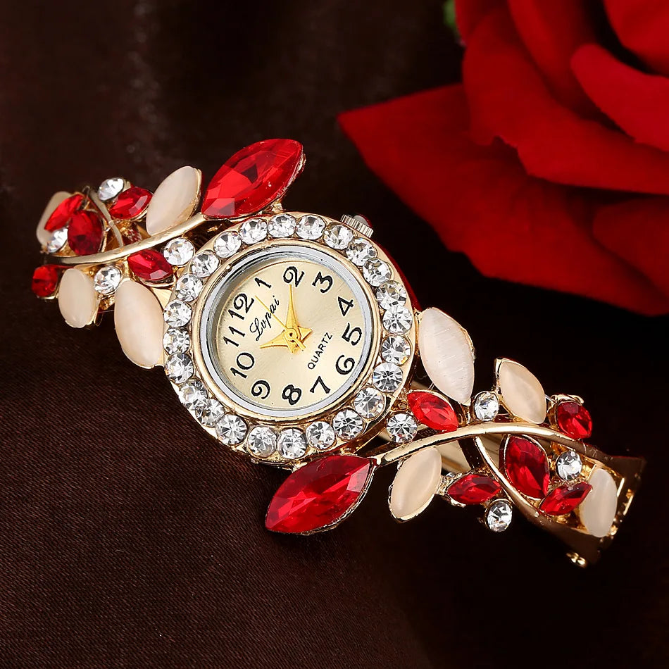 Damen-Uhr 2025: Fashion Women Watch Luxury - Rhinestone Metal Quartz Retro Flower Bangle Collection