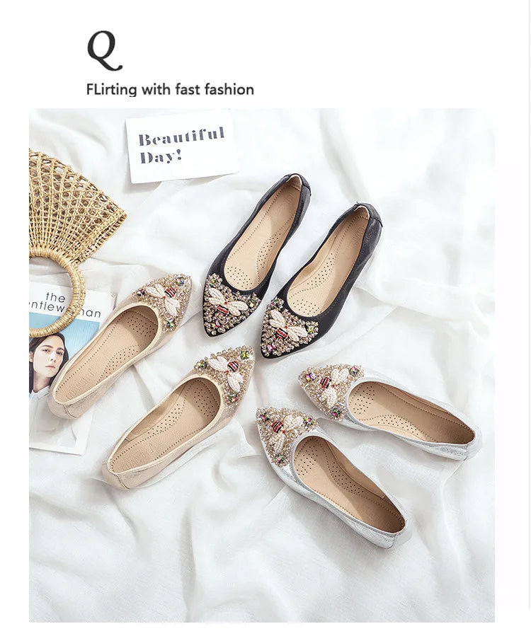 Elegant Women Shoes 2023 Spring Flats Shoes Woman Soft Comfortable Silk Rhinestone Summer Ladies Single Shoes zapatos de mujer
