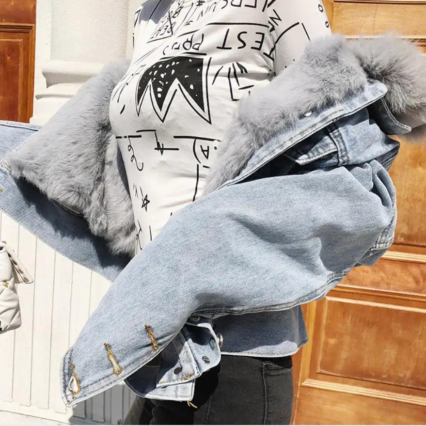 Real Fox fur thick warm denim parkas female winter coat
