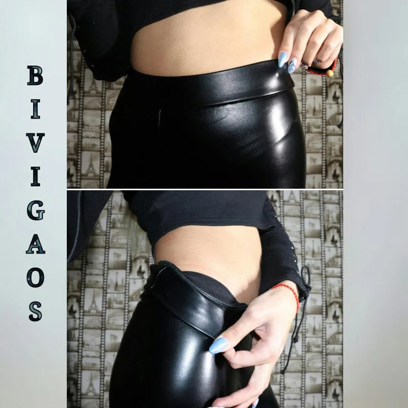 BIVIGAOS Mode PU-Leder Leggings - Hohe Taille, Fleece, S-XL
