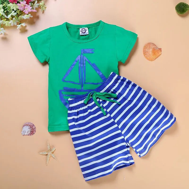 Casual Baby Boys Clothes Suits Summer Sailor Children T-Shirt Stripe Short Pants Sets 100% Cotton Kids Sea Navy Anchor Tee Shirt