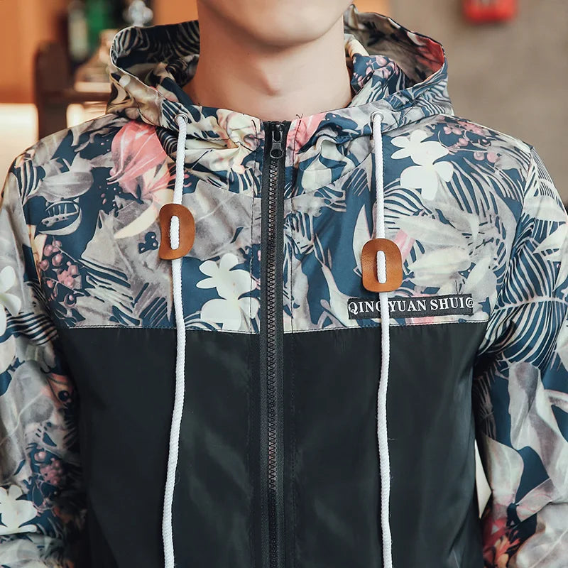 Windbreaker Jackets Mens Hooded Jacket Sportswear Bomber Jacket Fashion Light Weight Flowers Casual Mens jackets Coats Outwear