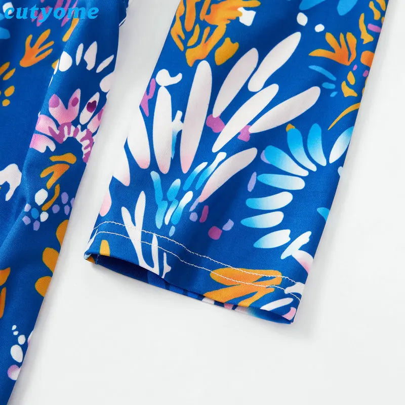 Mother Daughter Dresses Floral Print Half Sleeve Blue Dress Family Matching Outfits Mother/Mom and Daughter Dresses Clothes