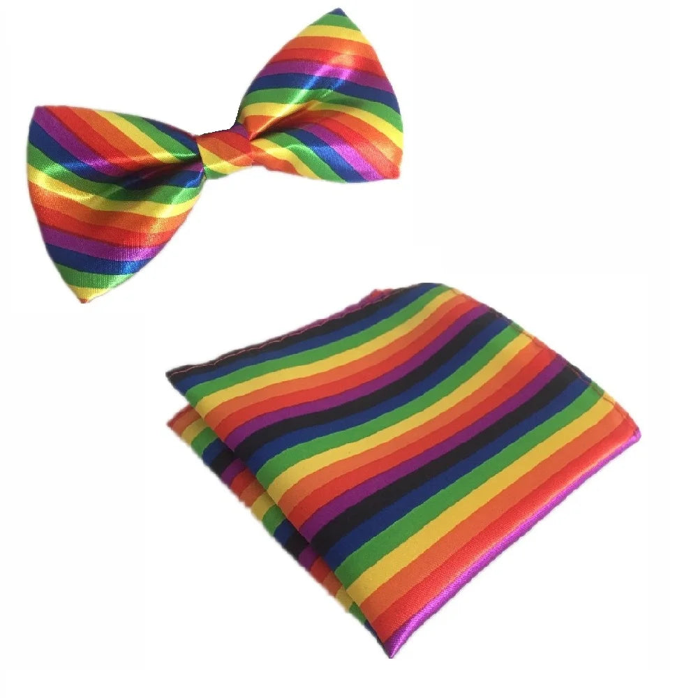 HOOYI Rainbow Neck Tie Set Stripe Gravata Slim Bow Ties Pocket Handkerchief Men accessories