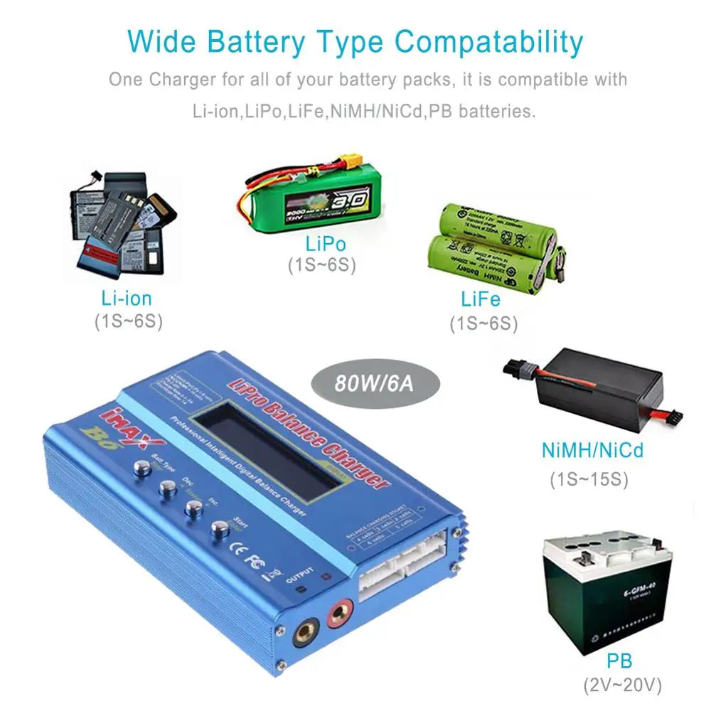 IMAX B6 80W Multi-function Charger For Lipo Li-ion LiFe NiMh Ni-Cd PB Battery RC Balance Discharger+15V 6A Adapter Optional