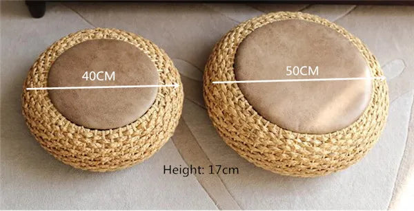 Modern Knitted Round Pouf Ottoman Stool W/PU Leather Seat Pad Floor Yoga Meditation Cushion Straw Rusitc Tatami Pouf Furniture