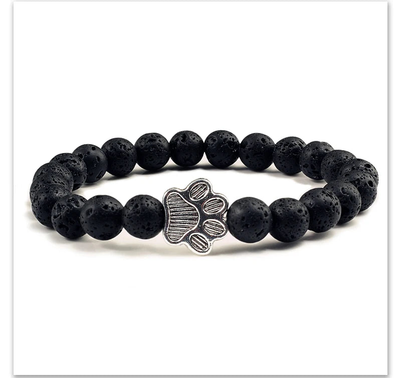 Natural Matte Black Lava Volcanic Stone Paw Print Charm Bracelet Homme Femme Pet Memorial Cat Dog Lovers Jewelry Bracelets Gifts
