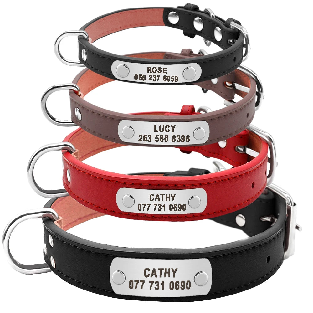 Großes Langlebiges Personalisiertes Hund Halsband PU Leder Gepolstert Haustier ID Halsbänder Angepasst für Kleine Mittlere Große Hunde Katze 4 Größe