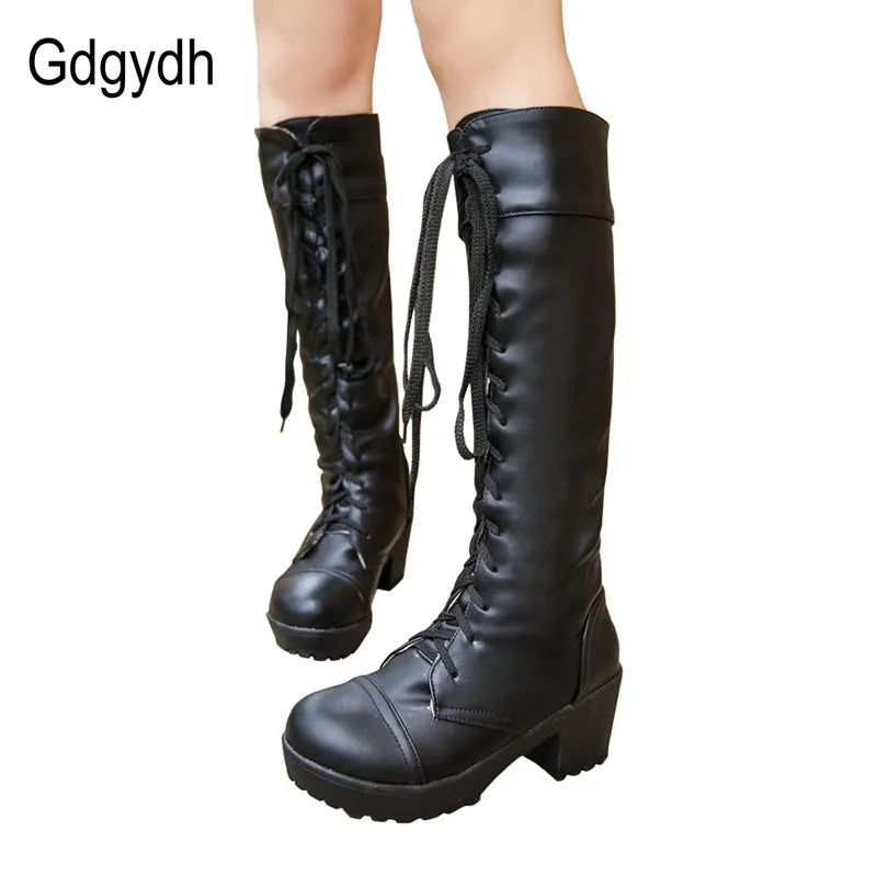 Gdgydh Kniehohe Lederstiefel - Gr.43, Quadratischer Absatz
