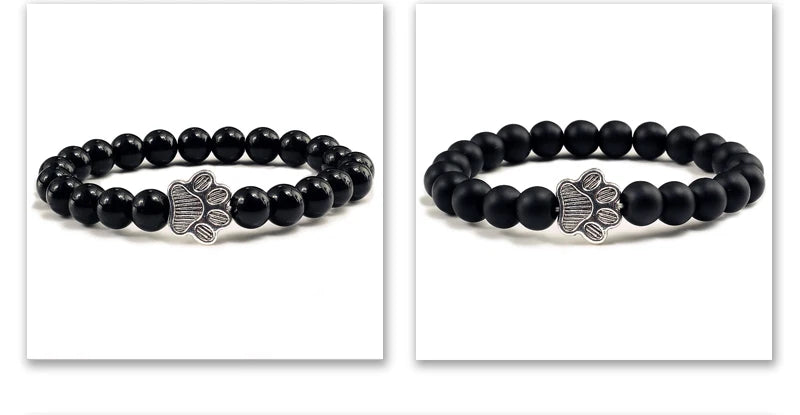 Natural Matte Black Lava Volcanic Stone Paw Print Charm Bracelet Homme Femme Pet Memorial Cat Dog Lovers Jewelry Bracelets Gifts