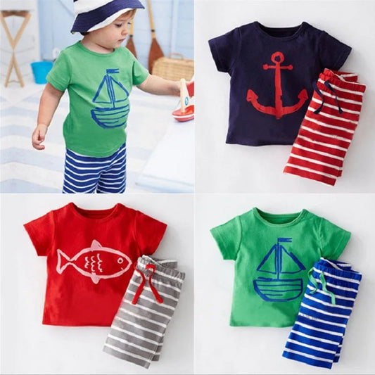 Casual Baby Boys Clothes Suits Summer Sailor Children T-Shirt Stripe Short Pants Sets 100% Cotton Kids Sea Navy Anchor Tee Shirt