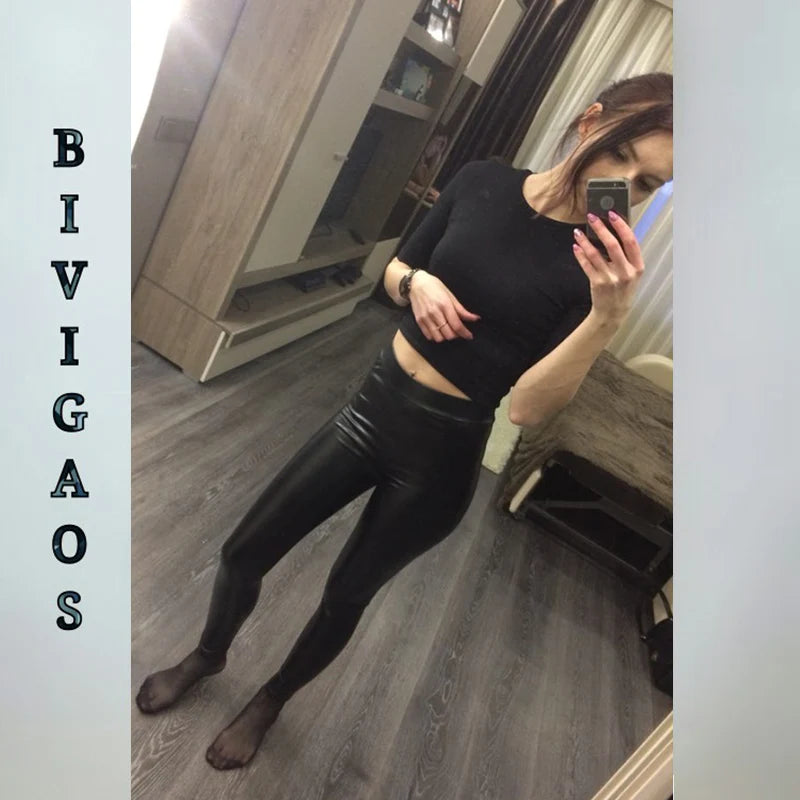 BIVIGAOS Mode PU-Leder Leggings - Hohe Taille, Fleece, S-XL