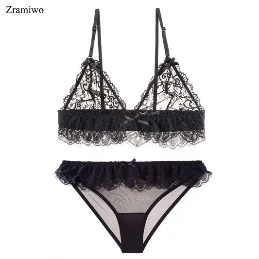 Zramiwo Women's Lace Bra Panty Set Sheer Bralette Thong Top Sexy Brassiere Underwear Bride Lingerie for Women