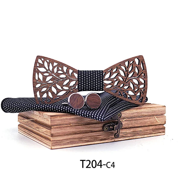 Mahoosive Fashion Mens Handmade handkerchiefs Wood and Cufflinks Wooden Bow Tie Pre-tied Bowtie For Wedding Party Wood Gift Box