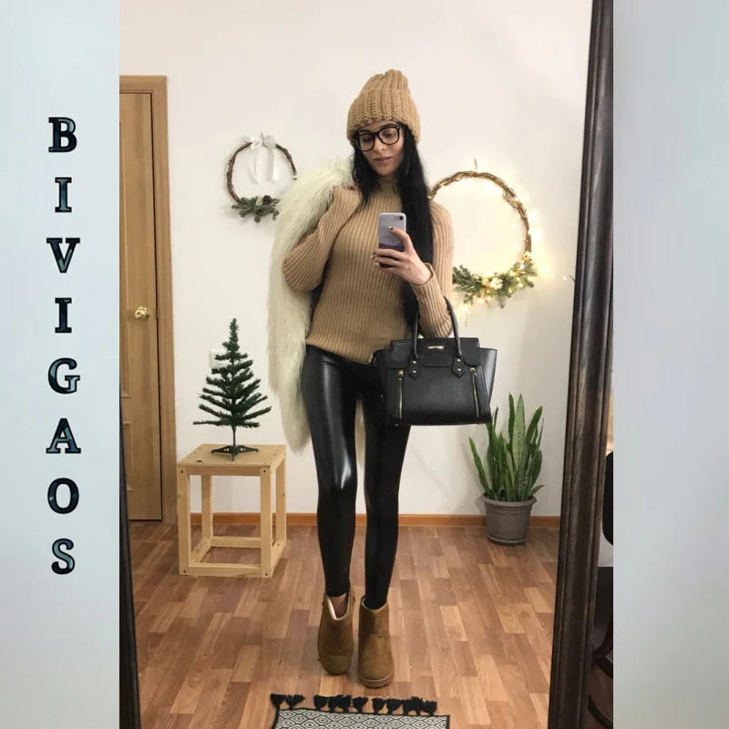 BIVIGAOS Mode PU-Leder Leggings - Hohe Taille, Fleece, S-XL