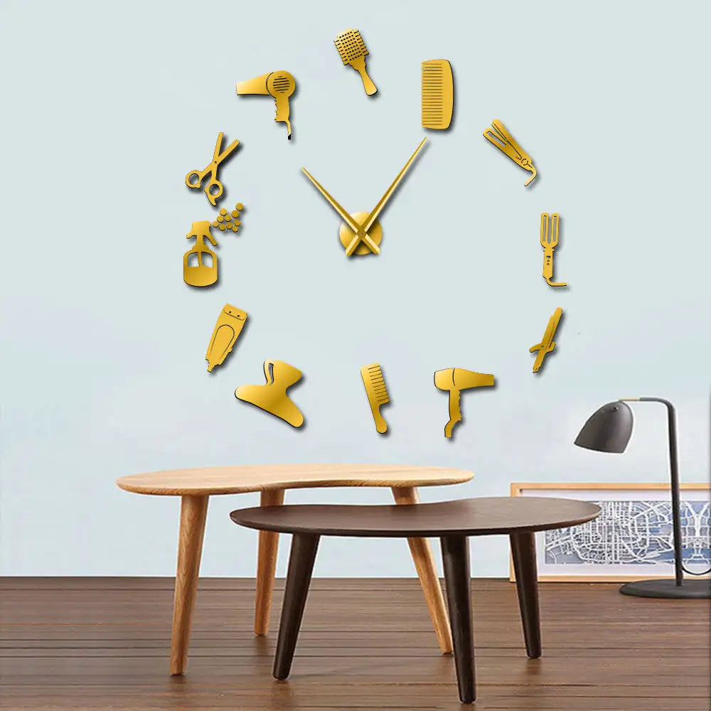 DIY Barber Shop Giant Wall Clock With Mirror Effect Barber Toolkits Decorative Frameless Watch Hairdresser Barber Wall Art Decor