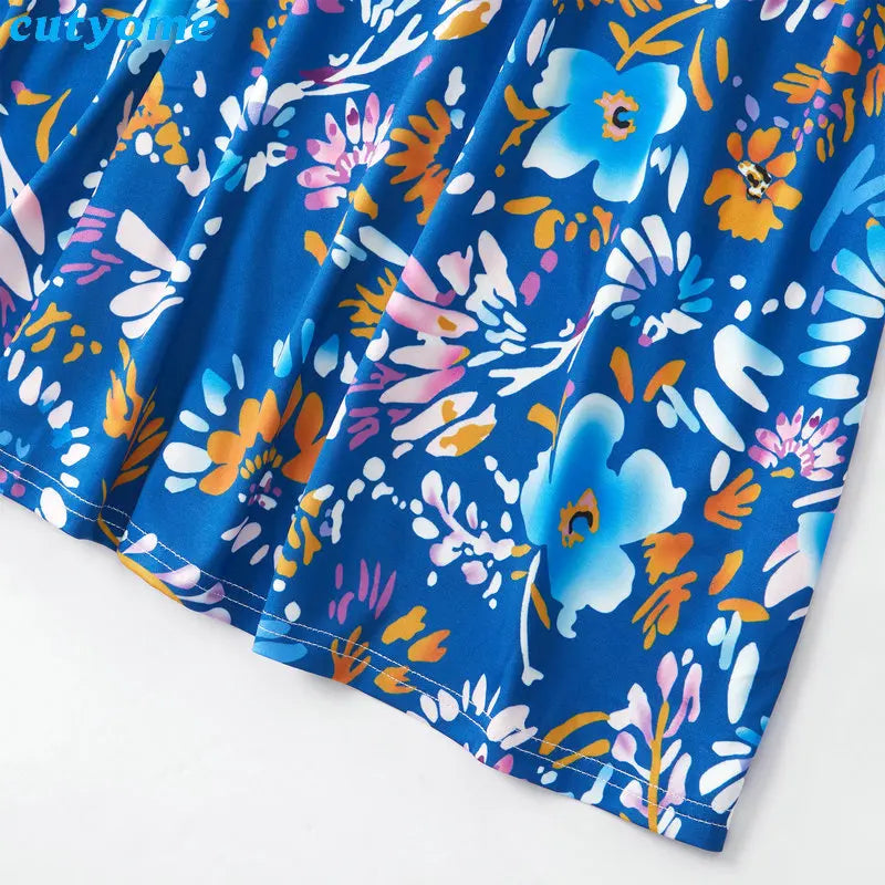 Mother Daughter Dresses Floral Print Half Sleeve Blue Dress Family Matching Outfits Mother/Mom and Daughter Dresses Clothes