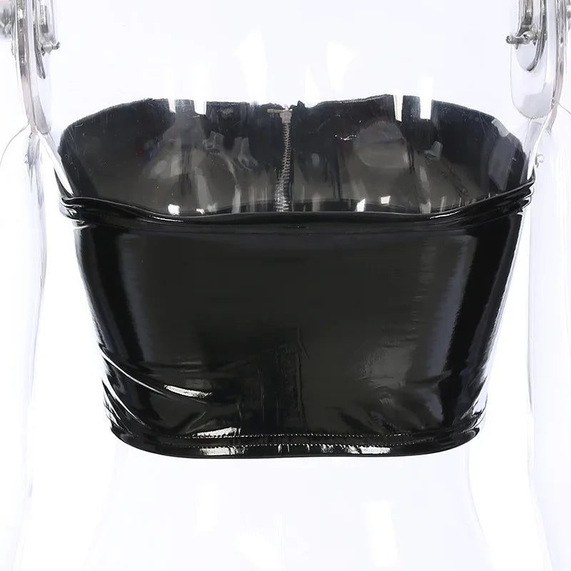 Black Women Sexy Wet Look Faux Leather PVC Vinyl Shiny Zipper Bandeau Bra Tube Bandage Bralet Crop Tank Top Bralette Bustier