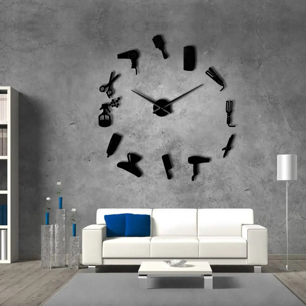 DIY Barber Shop Giant Wall Clock With Mirror Effect Barber Toolkits Decorative Frameless Watch Hairdresser Barber Wall Art Decor