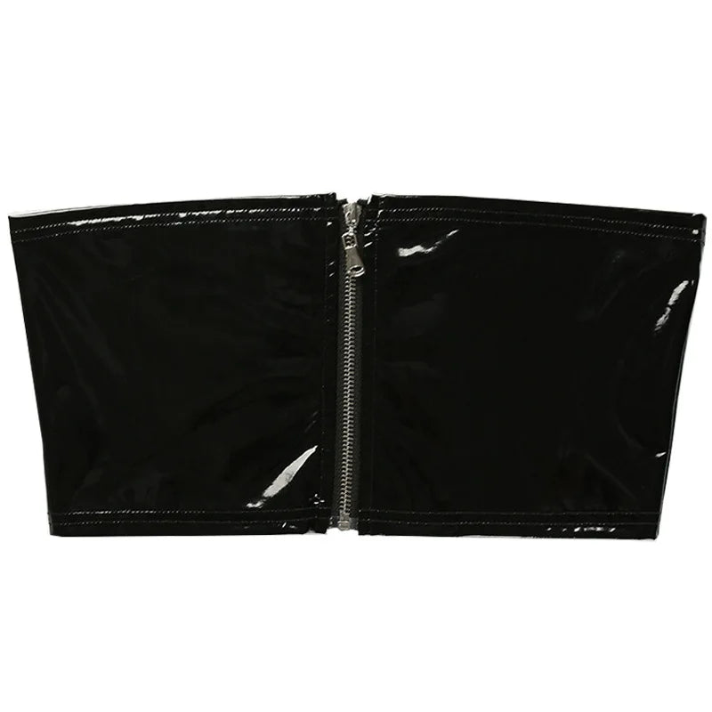 Black Women Sexy Wet Look Faux Leather PVC Vinyl Shiny Zipper Bandeau Bra Tube Bandage Bralet Crop Tank Top Bralette Bustier